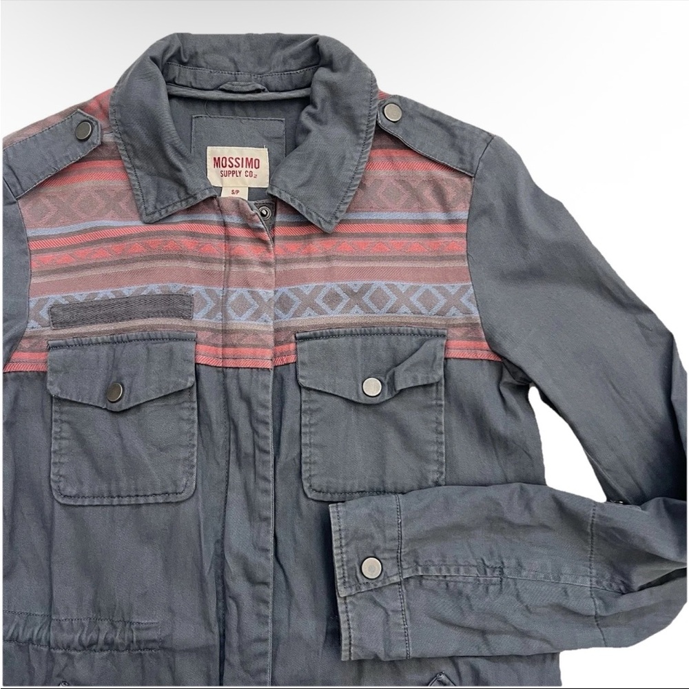 Mossimo Women’s Utility Jacket S Gray Pink Cargo Aztec Print Boho Fall Layering